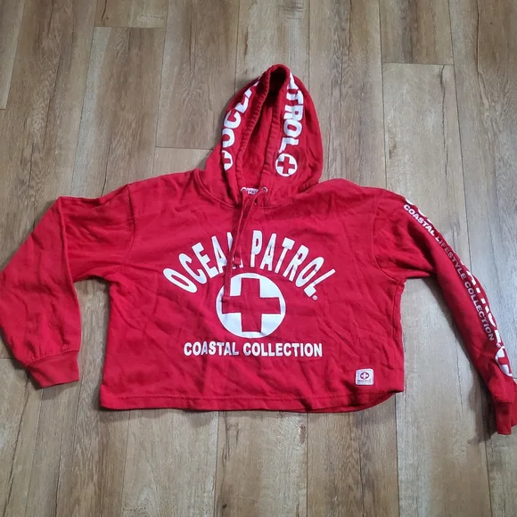 Ocean Patrol Red Hoodie Sweatshirt Cropped Size L Drawstring Coastal Collection
